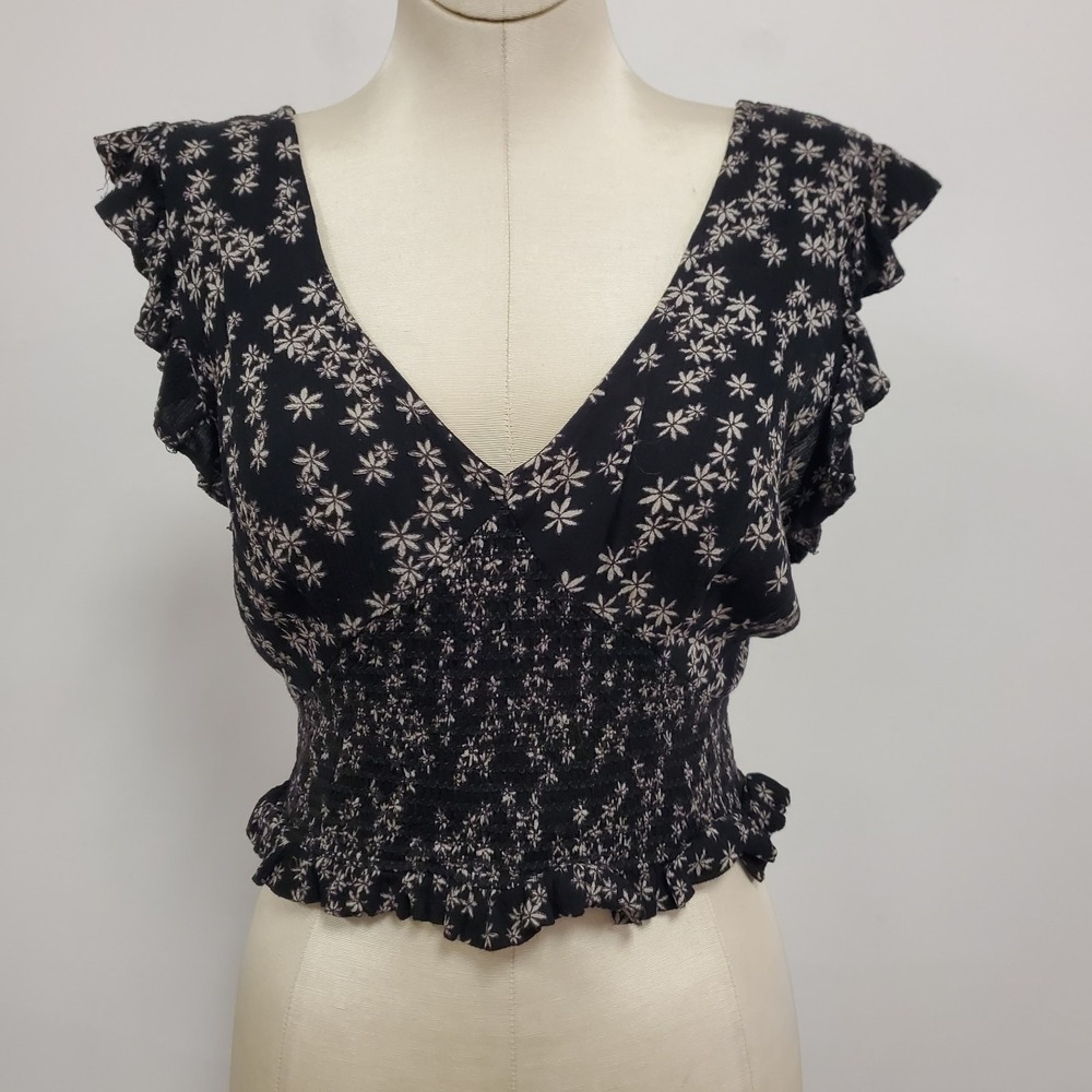 Patrons Of Peace Womens Smocked Babydoll Fairy Grunge‎ Top Size S Black Floral